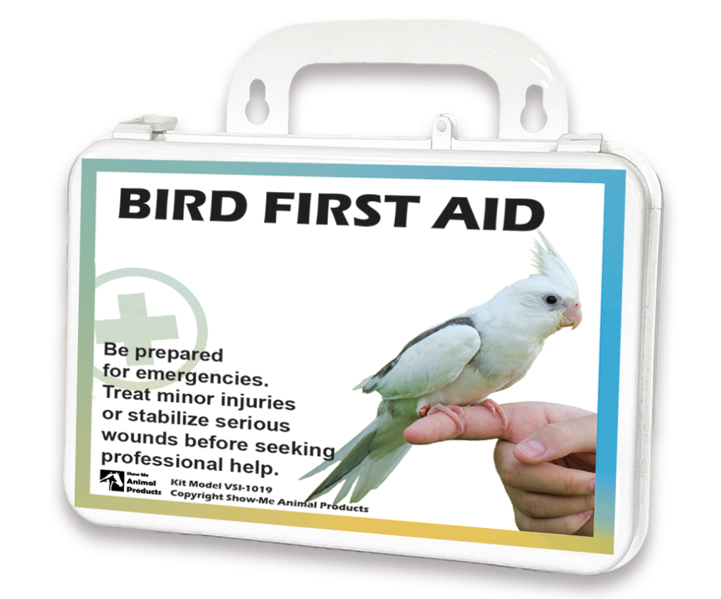 Customized Bird first aid kit with pet bird on owner's finger