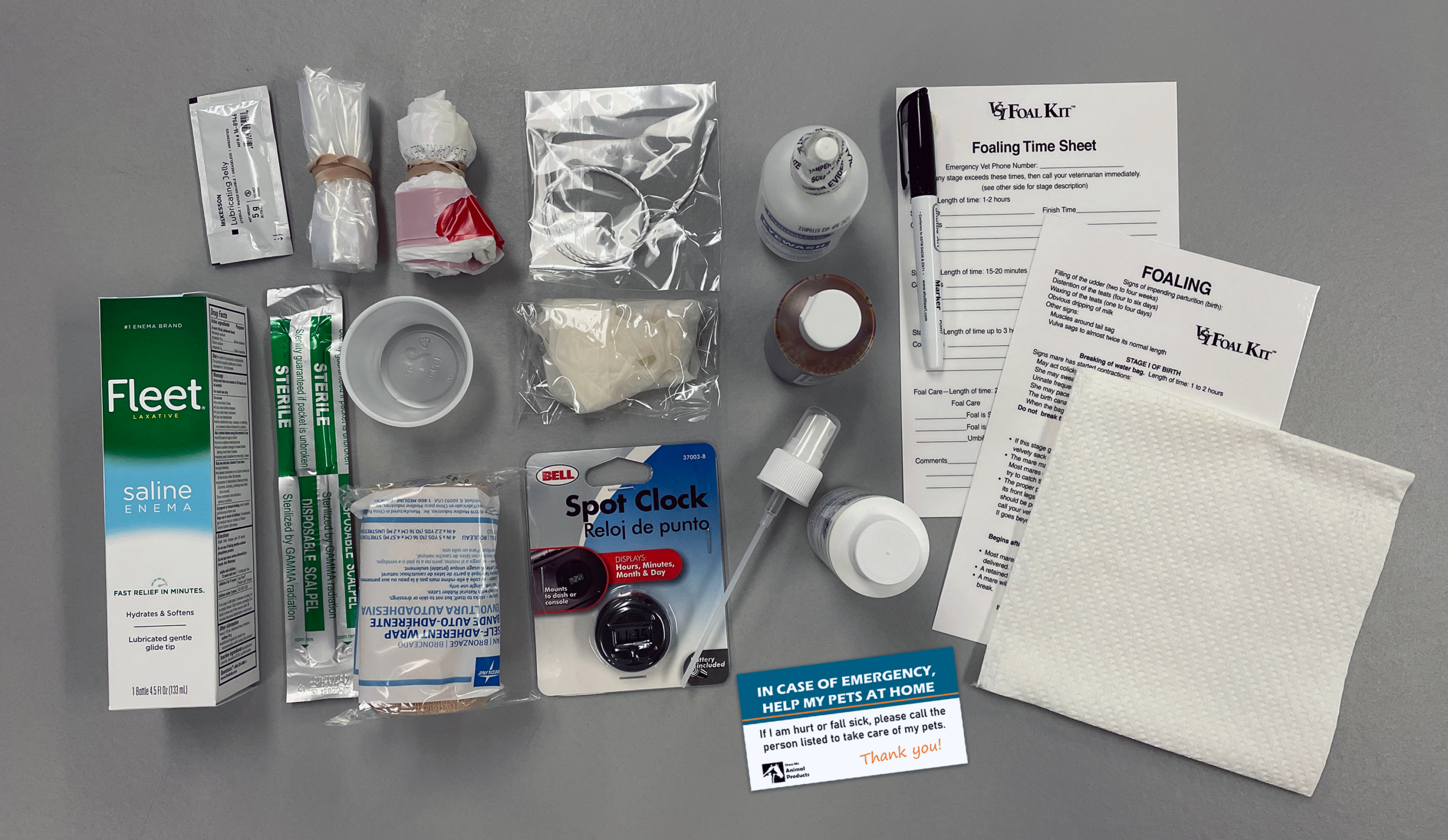 Foaling first aid contents for horse birthing