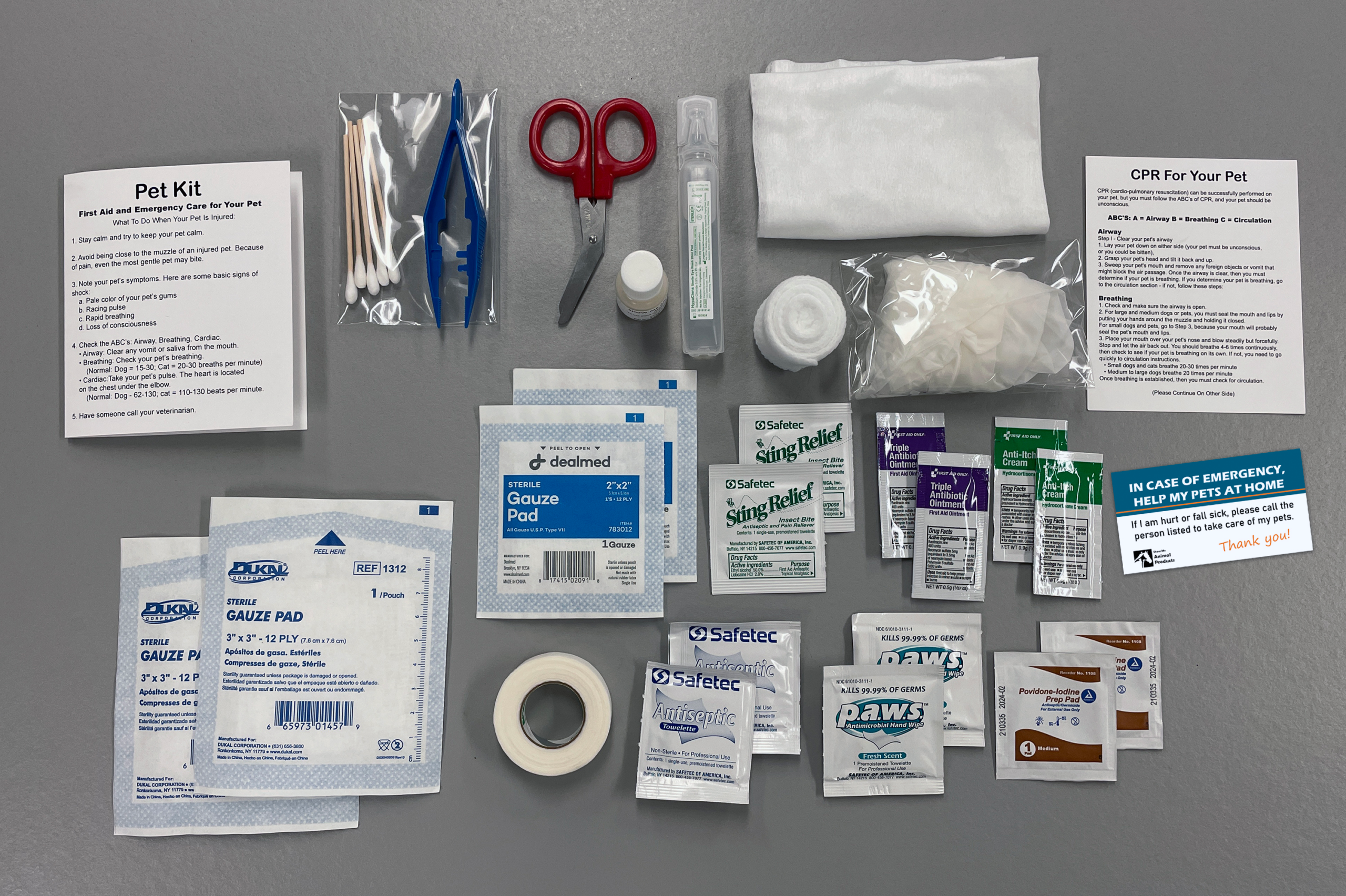 First aid kit contents for household pets like dogs and cats