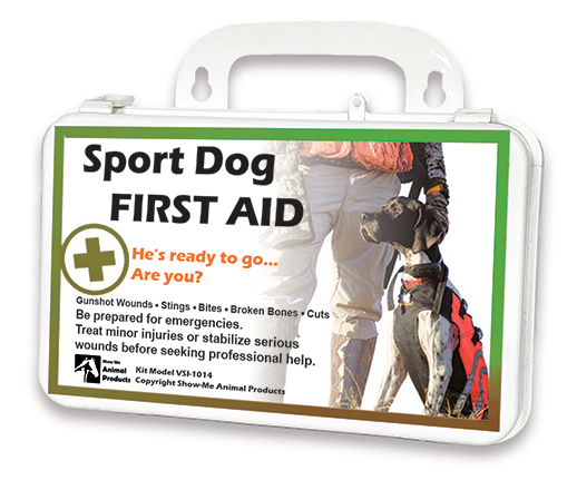 Custom first aid kit for hunting dogs with customer's dog on the front label